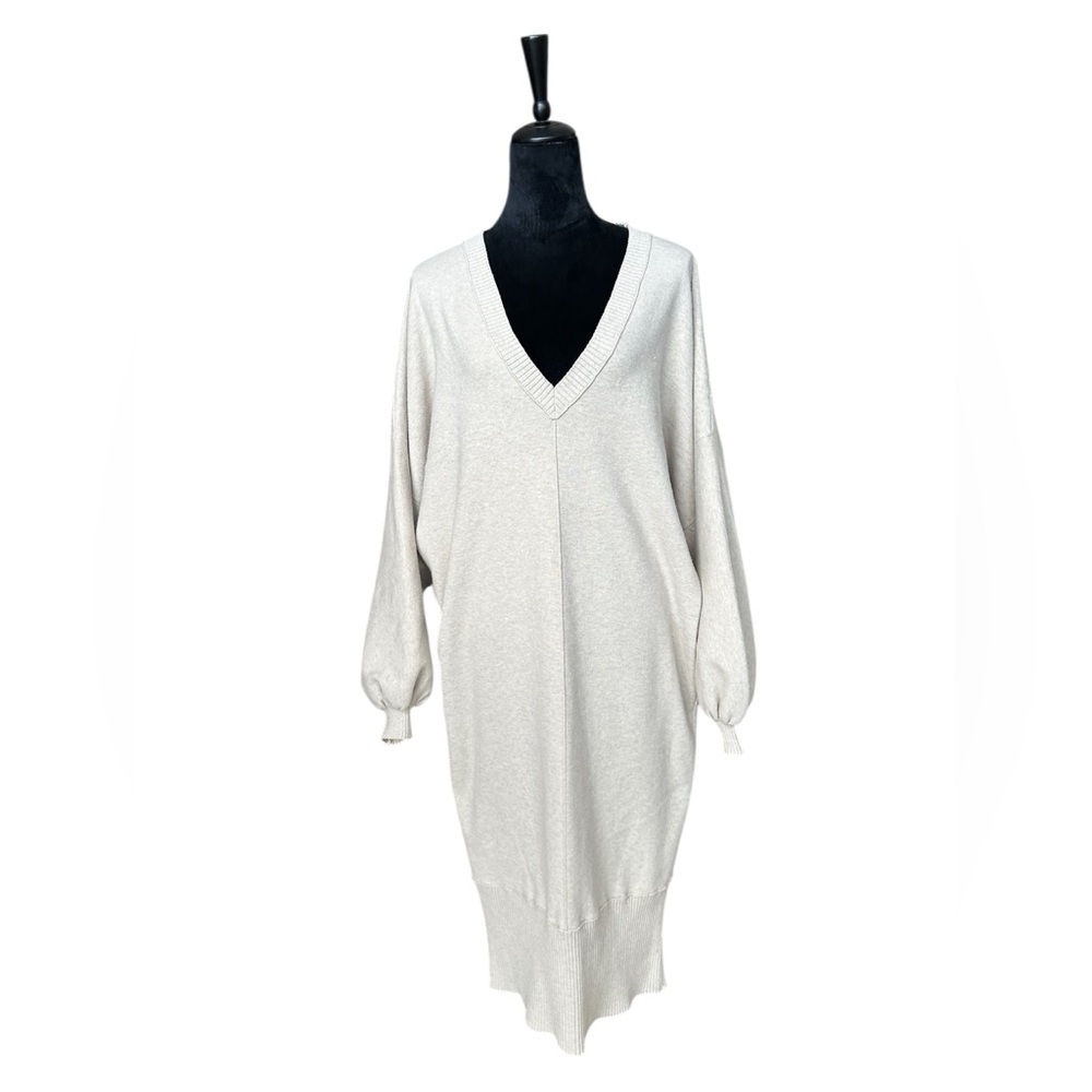 Free People V-Neck Longline Oversized Sweater Tunic Dress – XS – Beige